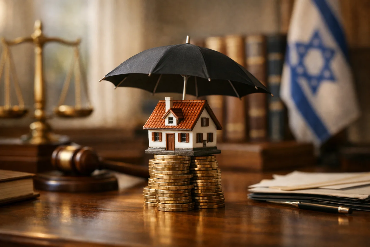 בית דגם על מטבעות עם מטריה מגנה