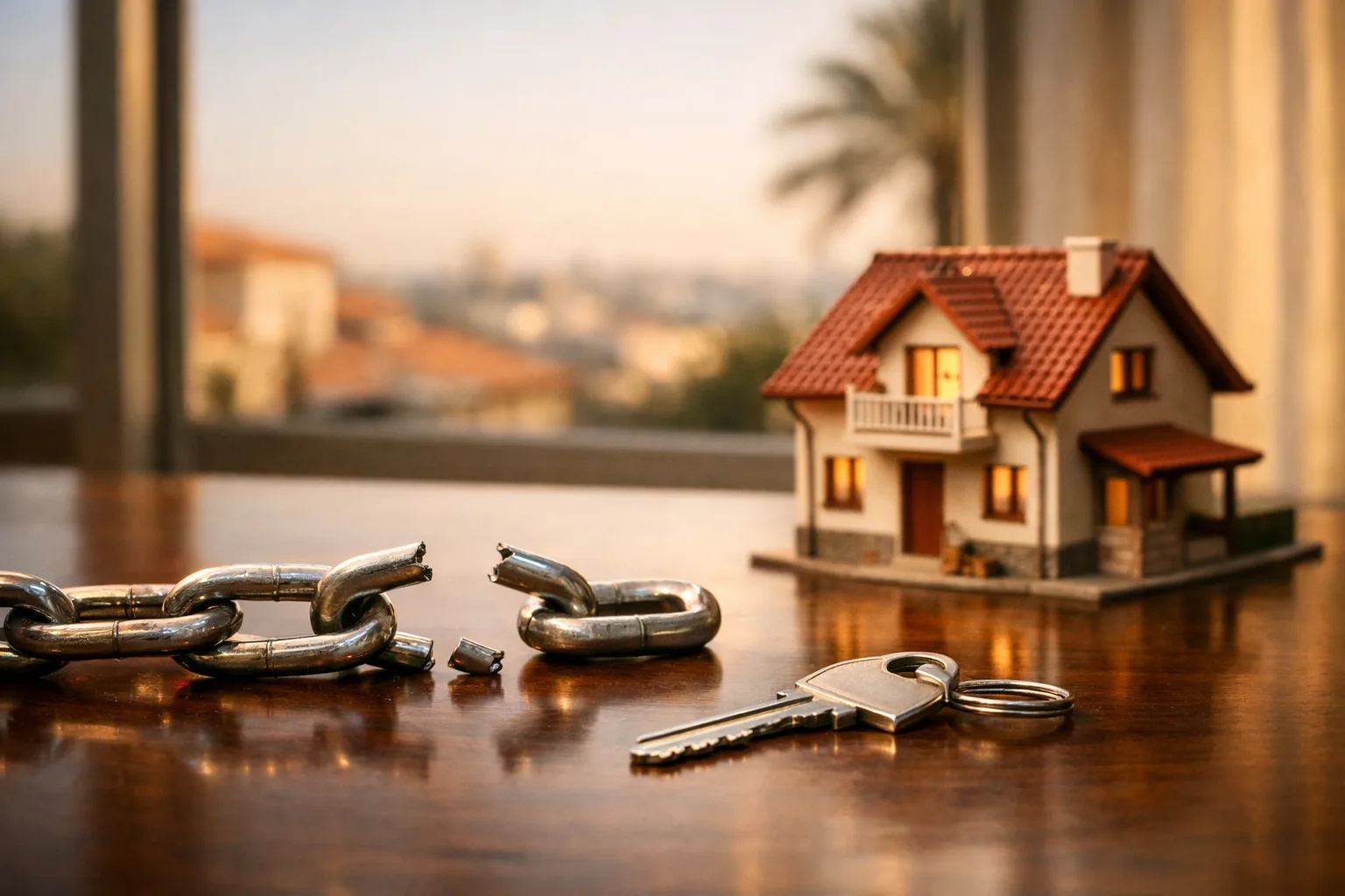 חוליות שרשרת שבורות לצד בית ומפתח